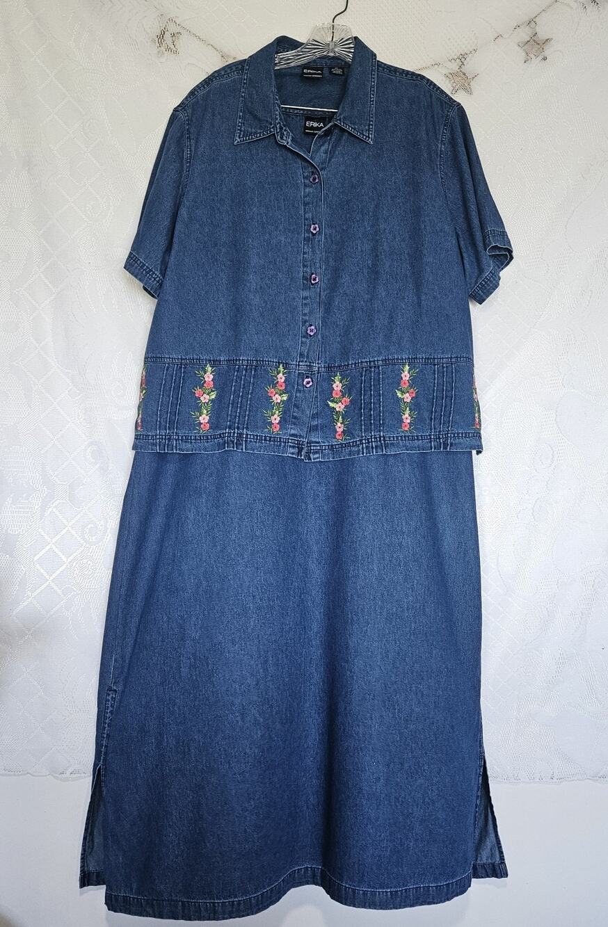ERIKA Size 2X Blue Denim Floral Maxi Dress Button UP Jacket Cottage Embroidered